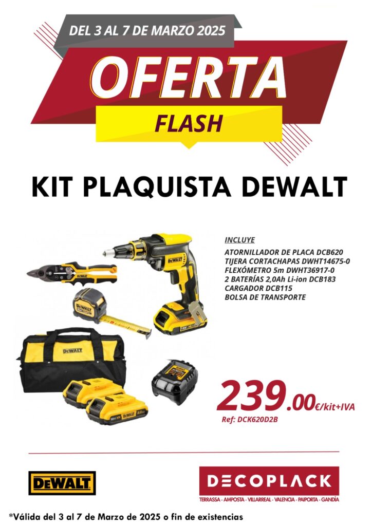 Oferta flash Kit Plaquista DeWalt en Decoplack 